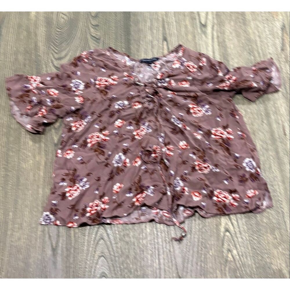 American Eagle Womens Blouse Floral Lace-Up Front Short Sleeve Brown Size M - Picture 1 of 4